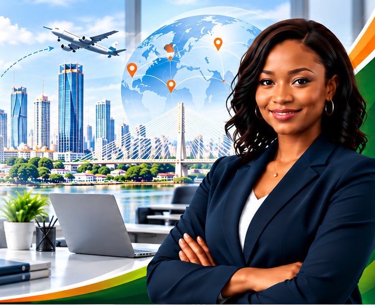 Une conseillère de Mon Entreprise CI devant les tours d’Abidjan
